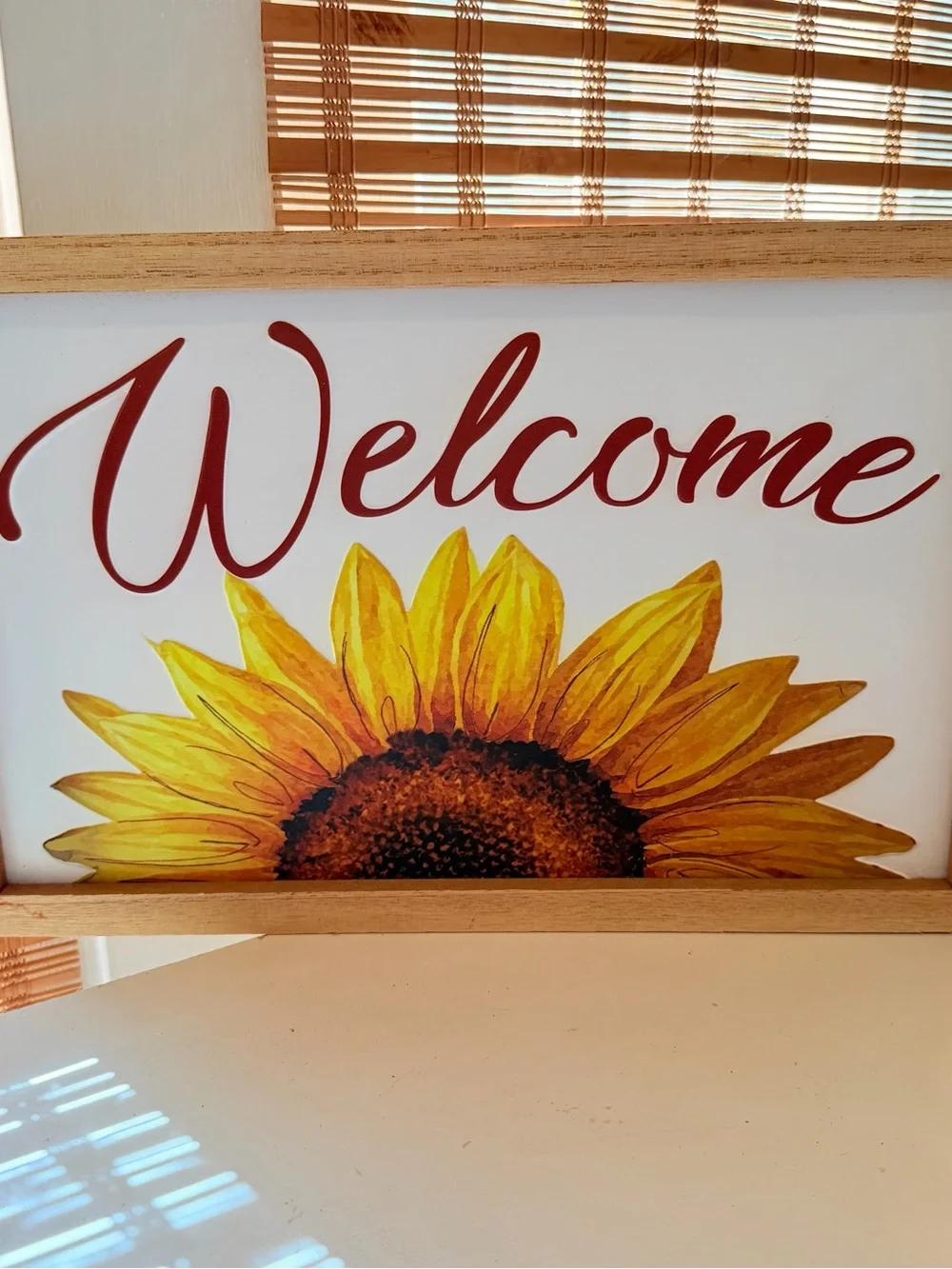 Sunflower Welcome Wall Art Sign in Yellow with Red Script